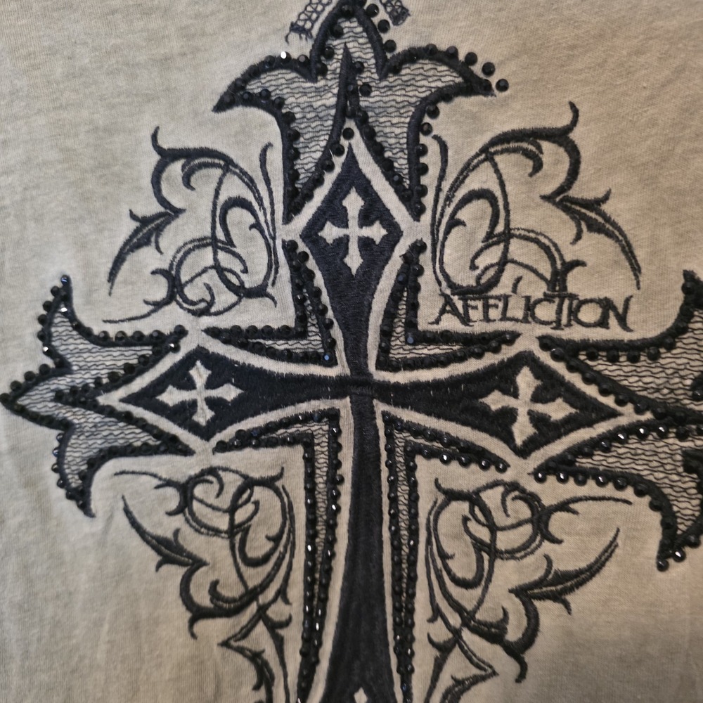 Affliction Long Sleeve Shirt Green Cross Cyber Grunge Vintage Y2K Womens Large - Picture 4 of 12